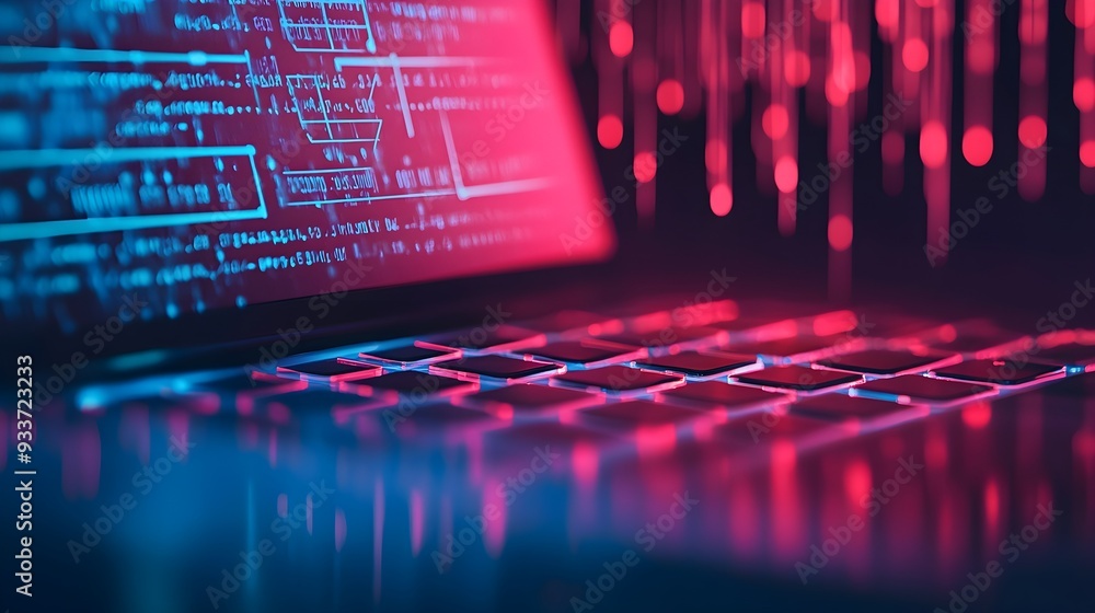 Poster abstract neon laptop keyboard with code