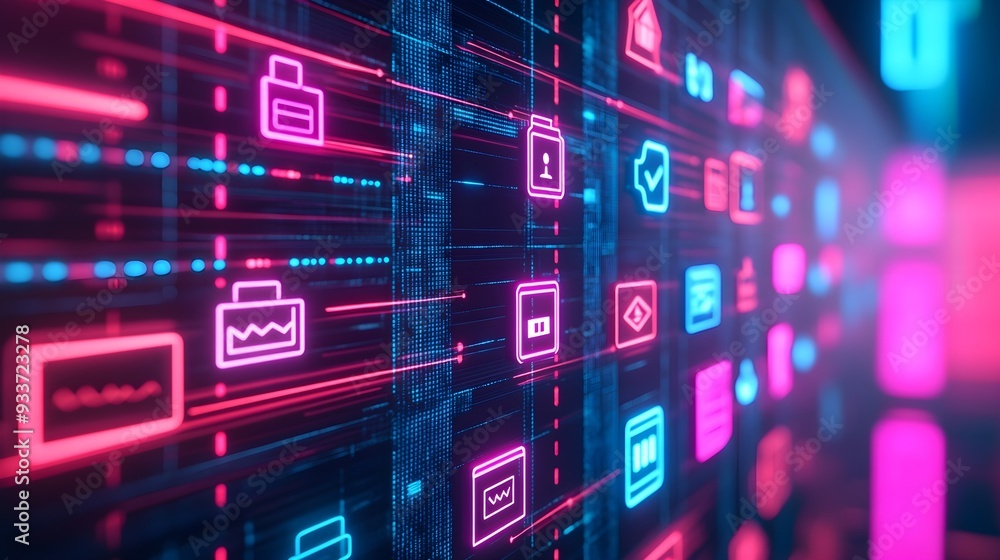 Poster abstract tech background with neon icons and data flow