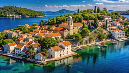 Serene Croatian island of Kolocep surrounded by turquoise Adriatic Sea, lush green forests, and picturesque white stone buildings with red-tiled roofs.