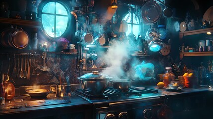 A cozy kitchen scene with steaming pots, colorful ingredients, and warm lighting, evoking a sense of culinary magic.