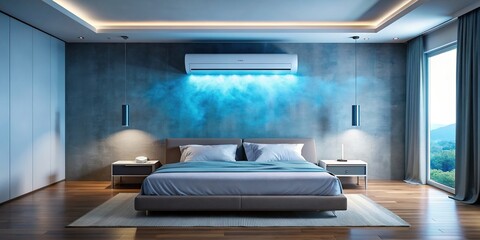 Fototapeta premium Modern bedroom with a sleek design featuring an air conditioner mounted on top of a luxurious bed as refreshing cool blue mist floats in the air, cool temperature, blue