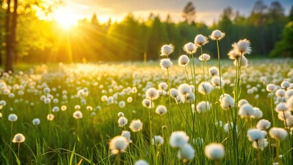 Fototapeta premium Grassy meadow with blooming eriophorum in the summer sunlight, sunny day., natural, bright, scenic, sunny, growth, beauty, field, summer, botany, plant, meadow, serene, countryside