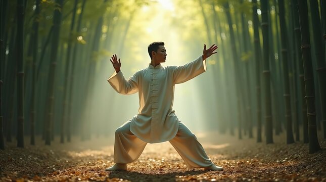Serene Tai Chi Practice in Misty Bamboo Forest: Peaceful Morning Exercise Amidst Nature's Ethereal Beauty