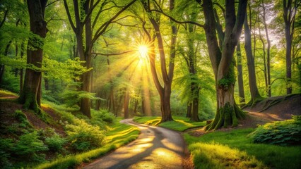 Fototapeta premium Serene forest landscape with sunlit trees, verdant foliage, and meandering pathways, evoking a sense of tranquility and connection with the natural world.
