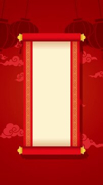 Chinese paper scroll rolling out template animation. Chinese frame background vertical video with red lanterns decorations.