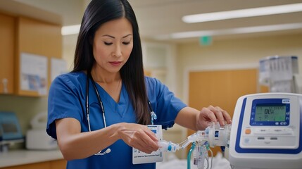 Oncology nurse a chemotherapy infusion center preparing an infusion pump for a patient