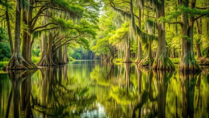 Obraz premium Serene freshwater swamp forest surrounded by twisted cypress trees, majestic Spanish moss, and vibrant green foliage, reflecting tranquility and mystery in the still water.