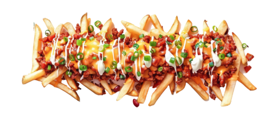 Set of isolated  chili cheese fries with melted cheese and jalapenos  on transparent background. cut flower elements, garden themed designs. Top view high quality PNG." design elements, top view.