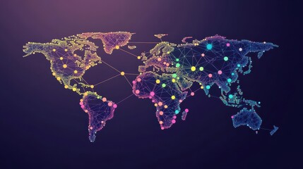 A pixel art world map with colorful dots and lines representing a global logistics network, retro video game style