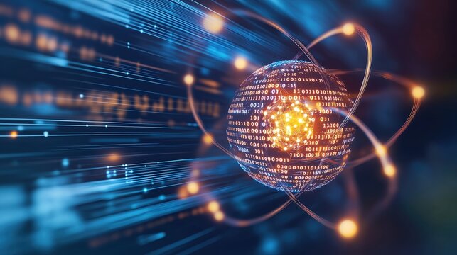 Rotating holographic atom with glowing nuclei and electrons, transforming into binary code