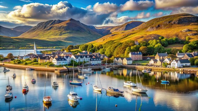 Serene Highland village of Ullapool, Scotland, surrounded by majestic mountains, with sailing boats and yachts moored in the picturesque Loch Broom waterfront.