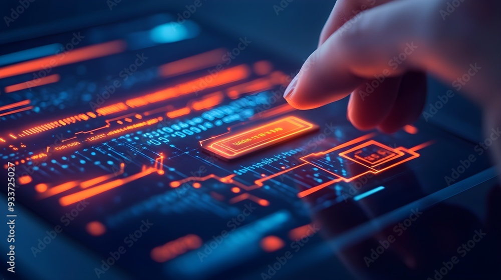 Poster fingertip interacting with futuristic tech interface