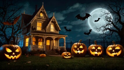 Fototapeta premium halloween house with pumpkin and bats full moon midnight darkness background