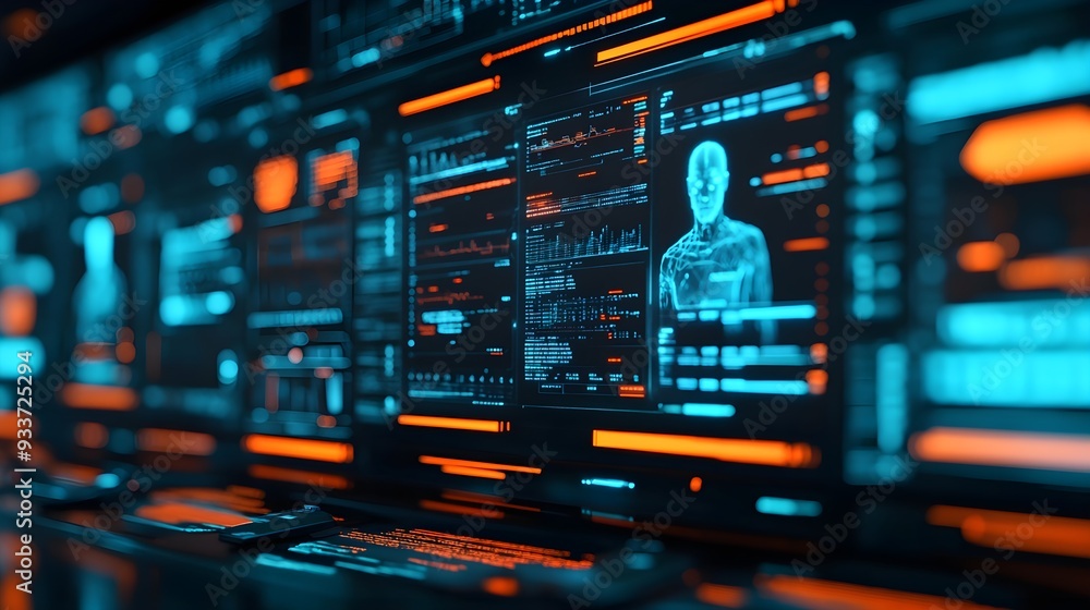 Poster futuristic digital interface with human data visualization