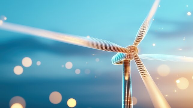 Abstract wind farm with rotating turbines made of light and energy particles