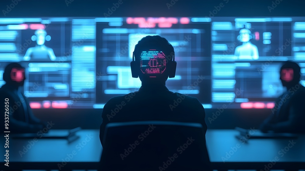 Poster hacker silhouette with neon code on screen