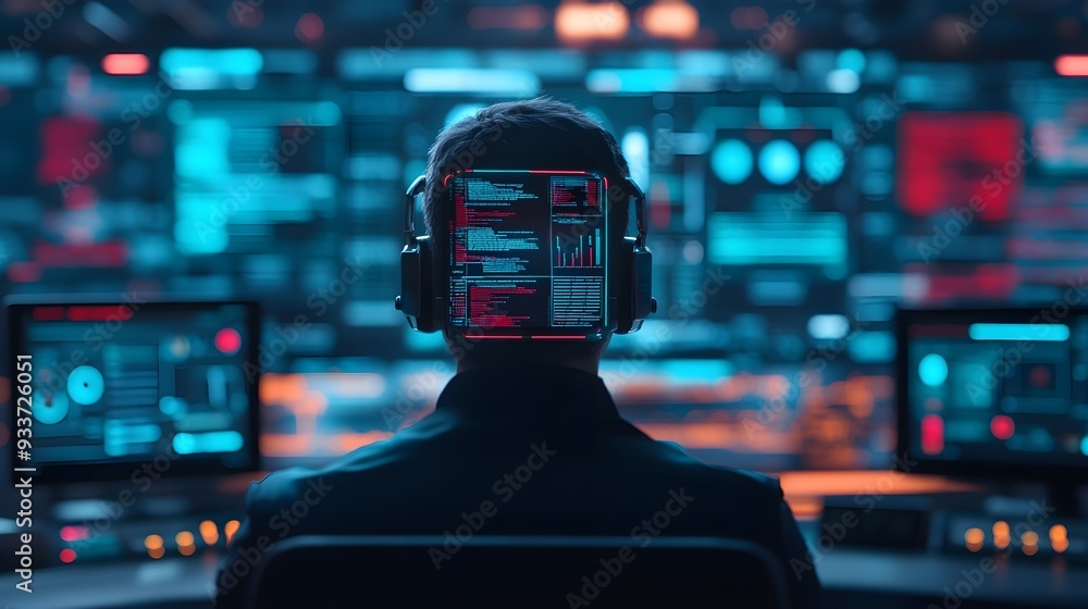 Poster hacker with headphones and code on screen