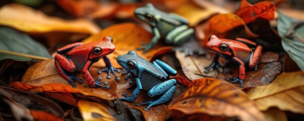 A group of poison dart frogs on the forest floor among fallen leaves, varied colors, ultra-detailed, rainforest ecosystem dynamics