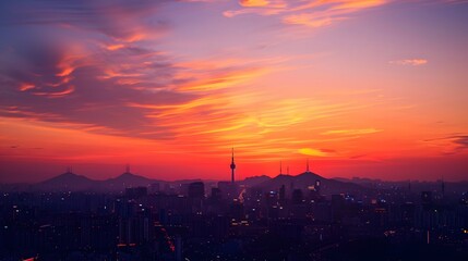 Sunset of Seoul City and Seoul Tower South Korea.