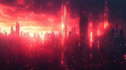 Obraz premium A futuristic cityscape with glowing red lights against a dark sky at sunset.