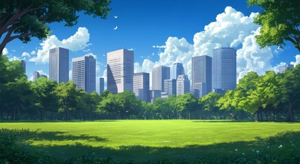 Obraz premium Beautiful Anime-Style Park with Tall Buildings and Blue Sky