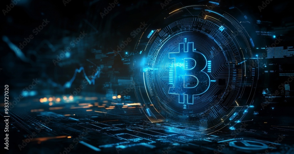 Aufkleber Glowy hologram hud for Bitcoin with graph indicators and digital statistics