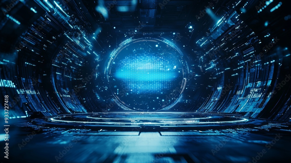 Poster HUD styled round interface elements with neon tech light abstract background.