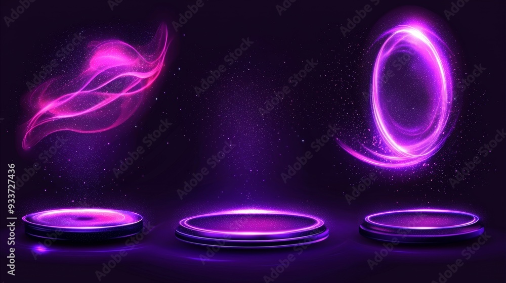 Poster 3D magic technology neon glow hud platform element modern set with sound waves, plexus lines, stardust, and arch sparkle.