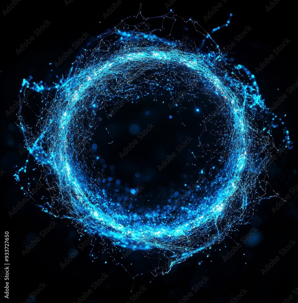 Fototapete a 3d illuminated, distorted sphere of glowing particles and wireframe. an illustration of a technolo