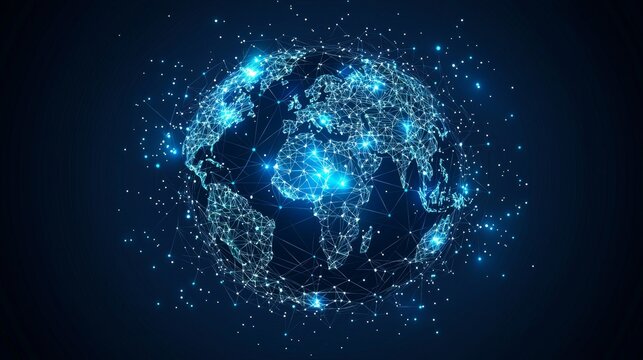 Futuristic blockchain technology hud with world globe and blockchain polygon peer-to-peer network concept. Low poly design.