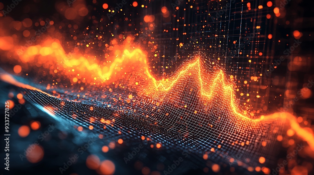 Poster abstract glowing orange line graph on a digital grid background