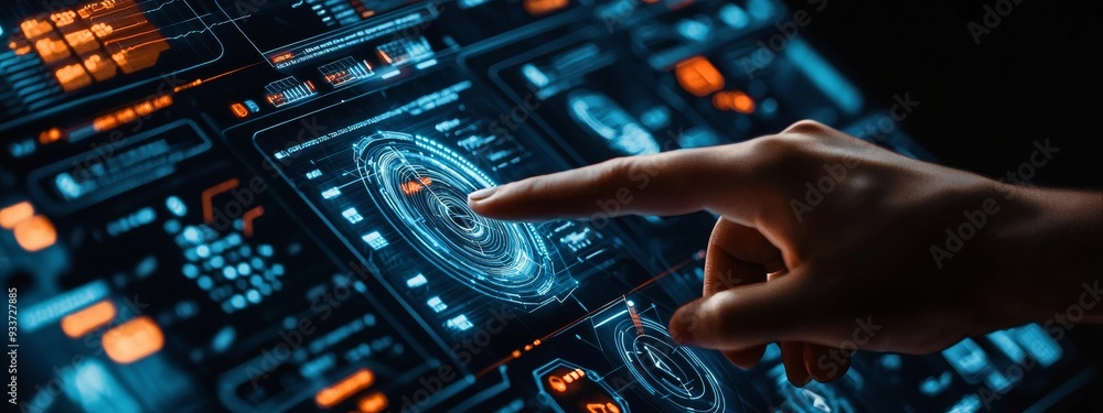Aufkleber An image of a woman using a hud interface with Stock Machine learning Business Internet Technology concept is shown.