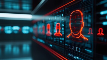 Fototapeta premium Red Neon Human Silhouette on Digital Interface