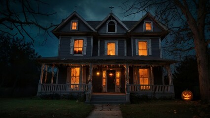 halloween house with pumpkin and bats full moon midnight darkness background