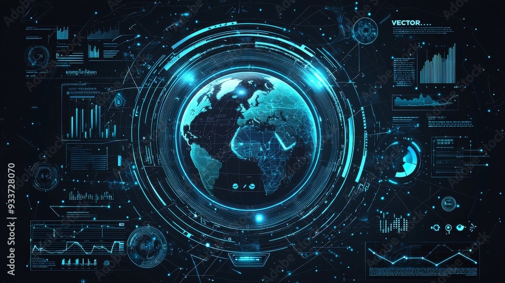 Poster 3D illustration of a futuristic user interface dashboard for a big data analysis. HUD GUI with text numbers.