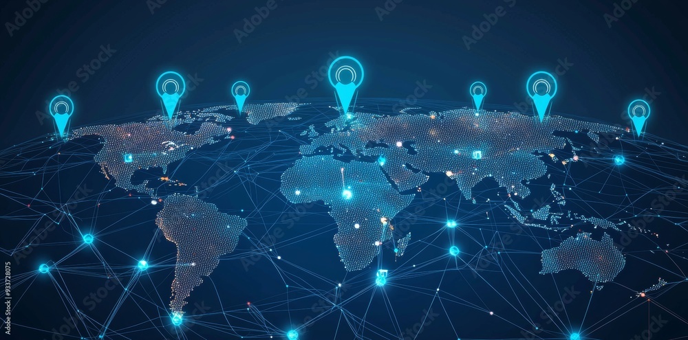 Poster A map of continents with agglomerations marked. HUD element. Three-dimensional illustration with shallow depth of field.