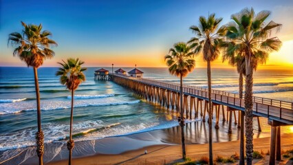California Oceanside pier stretching over the ocean with palm trees and sandy beach , travel, destination, California, Oceanside