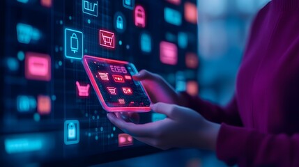 Woman Holding Smartphone with Shopping Cart Icons on Screen