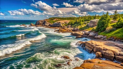 Fototapeta premium Serenely rugged coastline of Nova Scotia meets the vast Atlantic Ocean, with waves gently crashing against weathered rocks and seaweed-covered shores.