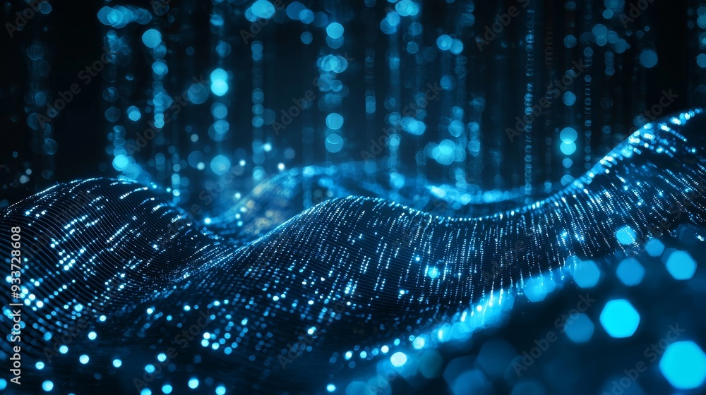 Poster in a futuristic digital illustration background, blue particles flow in a virtual reality universe, 