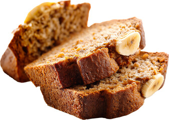 A loaf of freshly baked banana bread with visible banana slices, accompanied by a few slices cut from it.
