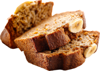 A loaf of freshly baked banana bread with visible banana slices, accompanied by a few slices cut from it.
