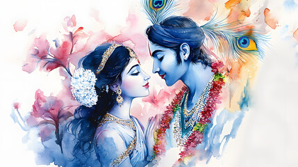 Watercolor painting of Radha Krishna love peacock feathers flowers romantic art traditional n culture hindu religious god goddess love story divine couple