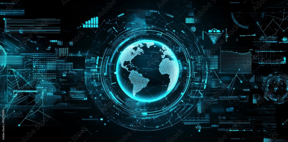 Poster Global network connection and innovation concept with abstract global statistics data on digital interface, world map on dark technological background, and hUD template.