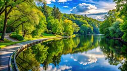 Serenely tranquil scenic view of a winding lake shore drive surrounded by lush green trees and vibrant summer foliage reflecting on calm water.