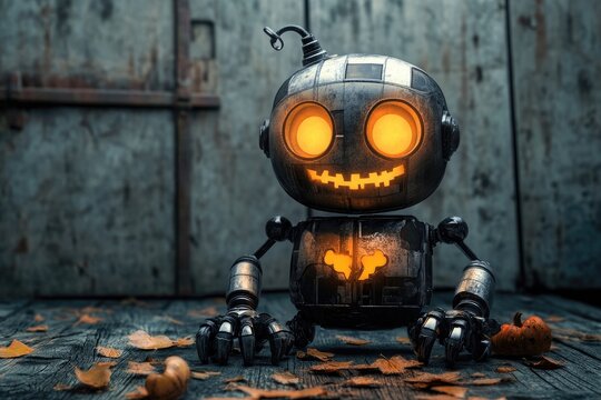 Glowing Metal Robot with Pumpkin and Autumn Leaves