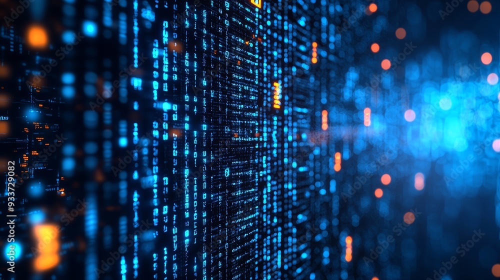 Aufkleber A blue data matrix simulation with futuristic HUD screen and a black abstract background