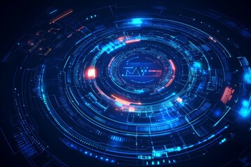 Technology futuristic concept hologram interface incorporating digital data chart, communication, computing and circle percent vitality innovation on a high-tech futuristic background.