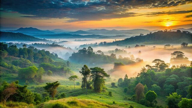 Serene misty dawn breaks over the lush green forests and rolling hills of Nameri National Park, a protected area in Assam, northeastern India.