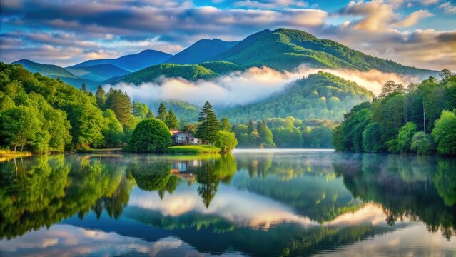 Serene misty morning in Highlands, NC, with rolling hills, lush green forests, and a tranquil lake reflecting the majestic Blue Ridge Mountain range.